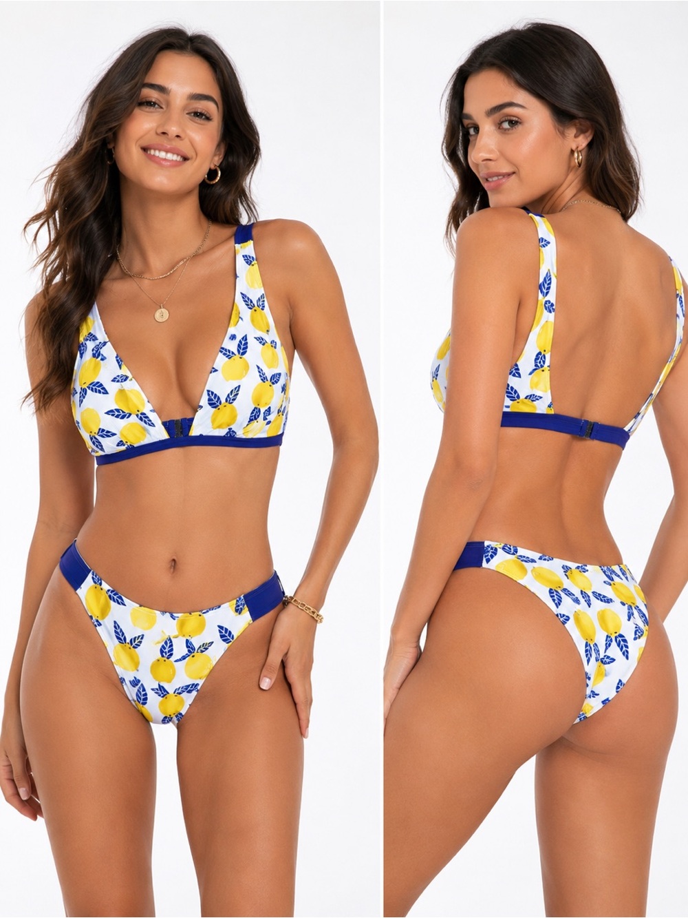Romwe White Lemon Print Two Piece High Cut Bikini Swimsuit Medium